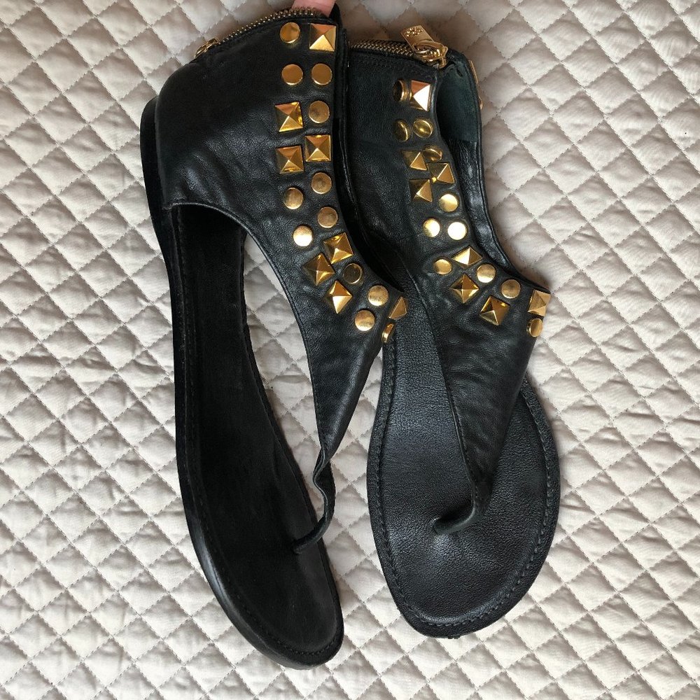 Tory Burch Black Gladiator Sandals with Gold Studs